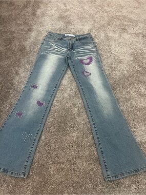 Y2K Women’s Light Blue Embellished Jeans with Purple Heart Accents